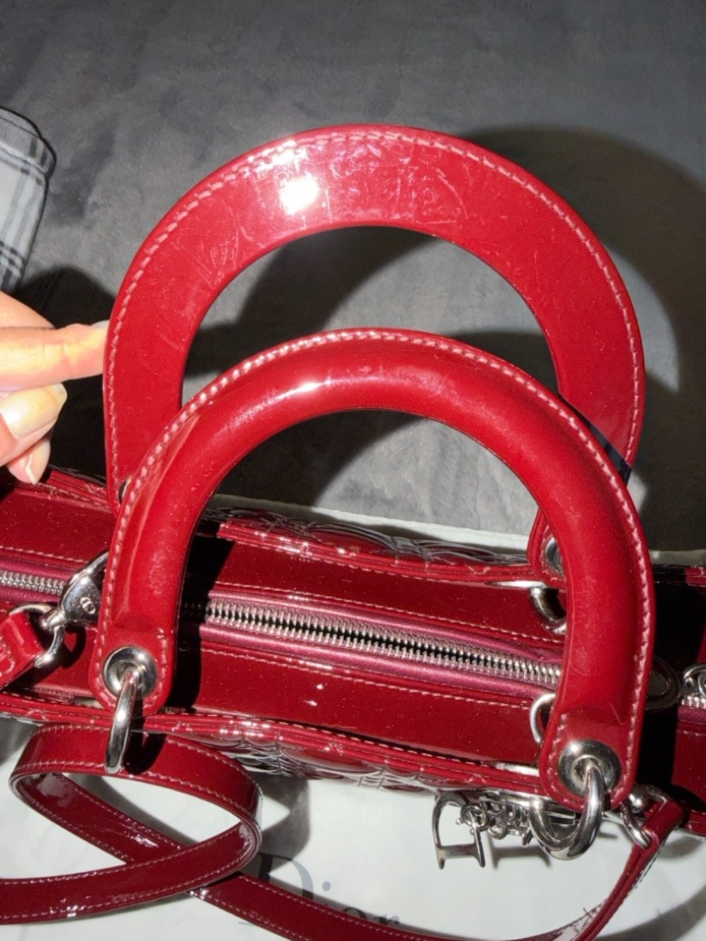 Preloved Christian Dior Burgundy Patent Leather Lady Tote with Dangle Charms - Picture 10 of 11